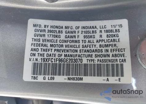 2016 Honda Civic Touring from USA, damaged, VIN 19XFC1F98GE203070
